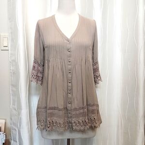 Blue Bird Tan Crochet Trim Top